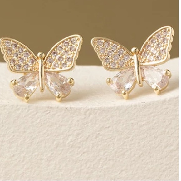 Butterfly cubic zirconia stud/dangle gold earrings - Picture 4 of 7